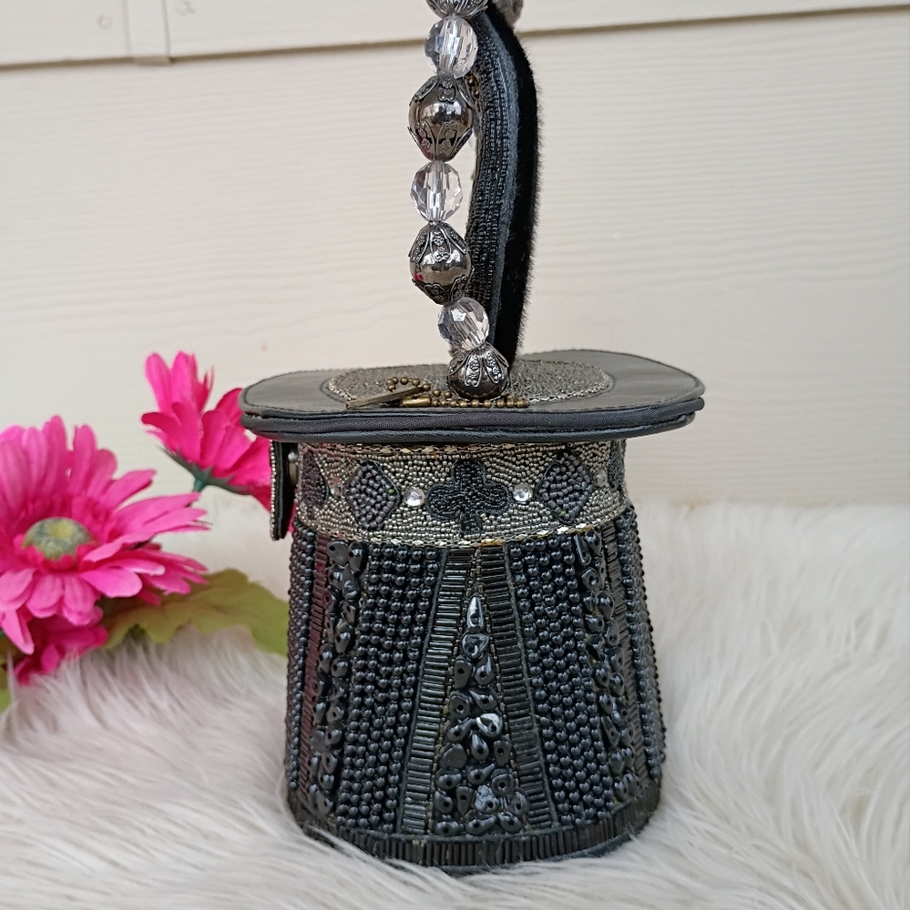 Rare Mary Frances Hocus Pocus Black Beaded Magician's Rabbit In A Hat Bucket Bag - Picture 8 of 16